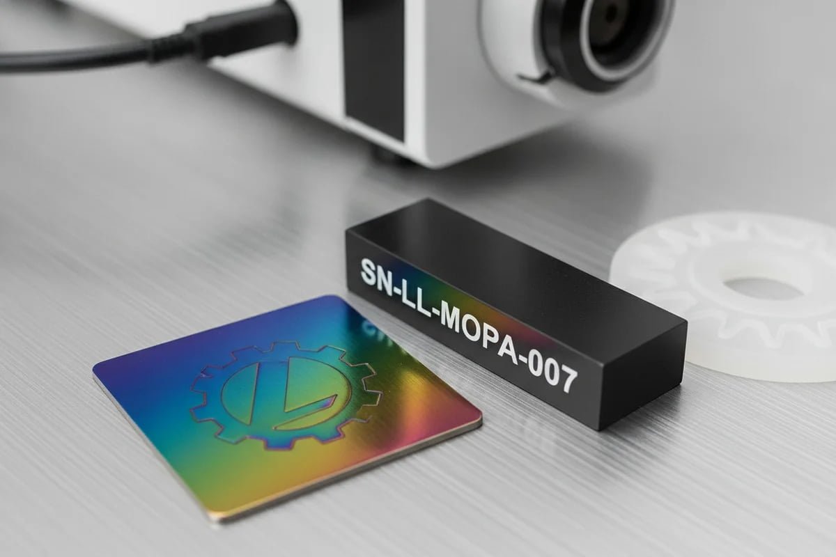 Laser Marking Materials Color marking on stainless steel and black marking on anodized aluminum using MOPA (ID#3)